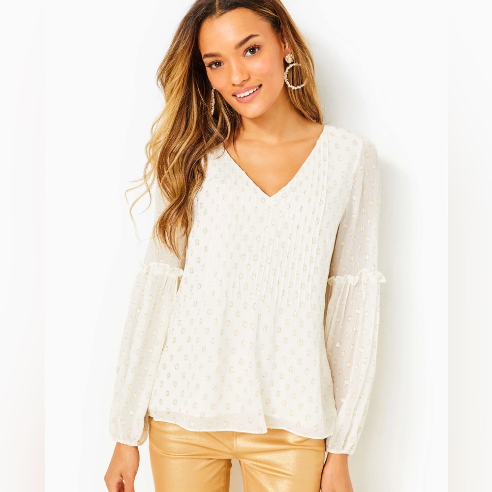 Lilly Pulitzer Cleme Coconut Viscose Metallic Clip Dot Long Sleeve Top 12 NWT